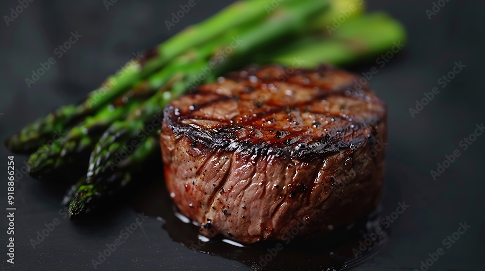 Poster Grilled Fillet Mignon Steak with roasted asparagus Black background Top view : Generative AI