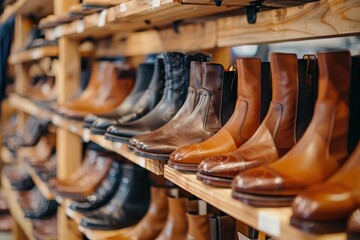 Luxurious display of brown leather shoes and boots in the store Many classic styles available
