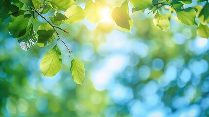 Naklejka premium Tree branch with leaves in front of blue sunny sky Summer background with copy space : Generative AI