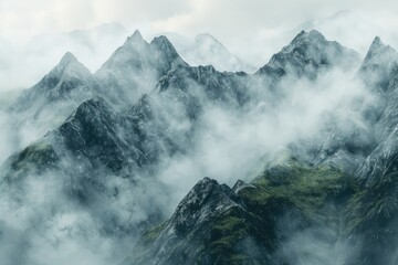 A scenic view of a mountain range shrouded in mist and clouds, perfect for use in travel or nature-themed projects