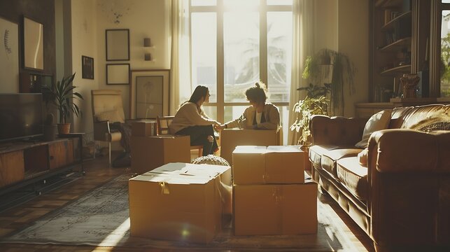 LGBT lesbian Couple Moving into New Home with Cardboard Boxes and Furniture in Modern Living Room : Generative AI