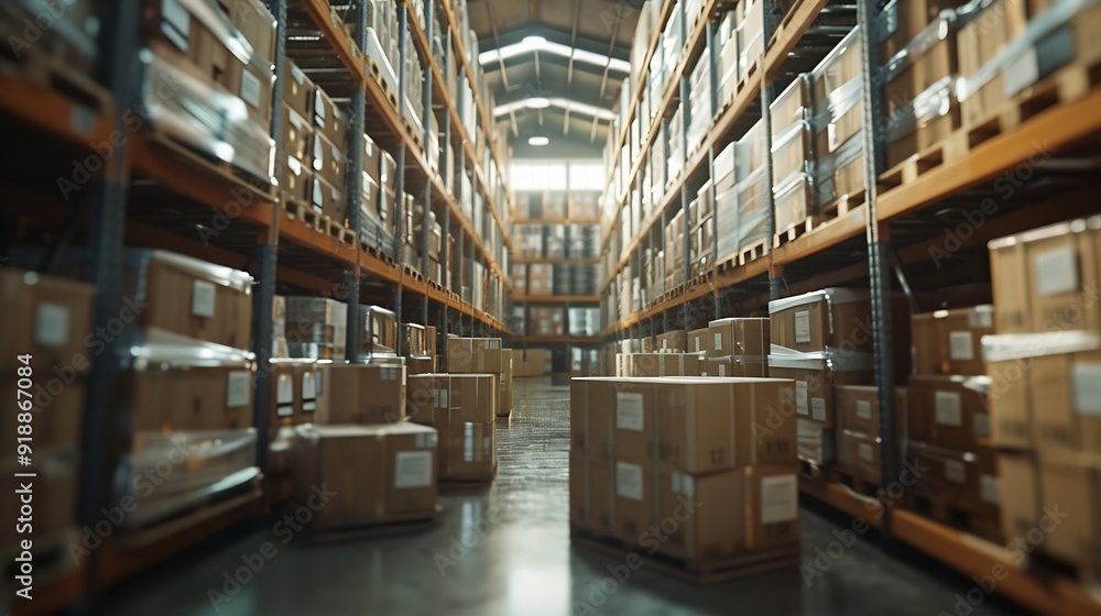 Poster boxes ladder and shelves with inventory at warehouse for distribution supply chain or logistics empt