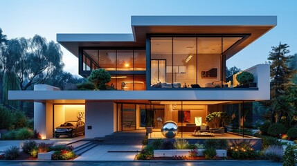 Obraz premium modern house design with an angular roof and white walls, there is one large window