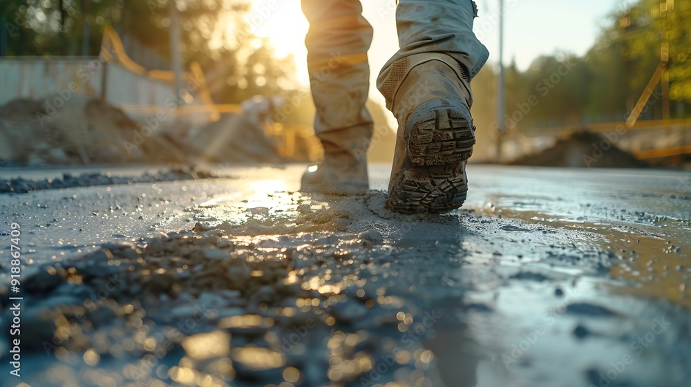Poster Man working on smoothing concrete driveway for the new home build at construction site Architecture and exterior structure base progress safety foundation pavement ground Real estate i : Generative AI