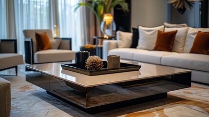 Living room lounge area in luxury apartment show home showing interior design decor furnishing with coffee table : Generative AI