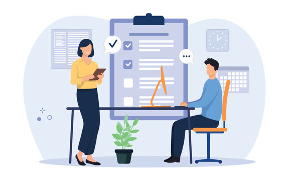 Team checklist concept illustration. Checklist to complete project task, accomplish work checkmark, todo list clipboard or project status report, plan to finish work concept. Vector illustration.