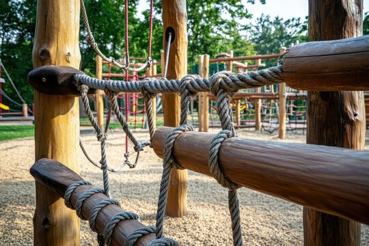 Outdoor playground with equipment for all ages including climbing ropes parallel bars and jungle gym