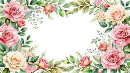 Floral frame with roses and decorative leaves. Watercolor wedding, invitation design. Floral elements, botanic watercolor.