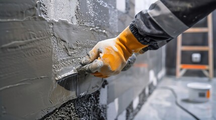 A builder worker applying waterproofing paint to the bathroom wall and floor Applying waterproofing in the bathroom : Generative AI