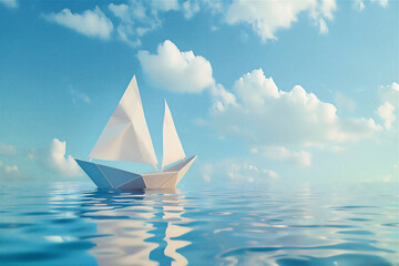 origami paper ship on water with blue sky background, version 1