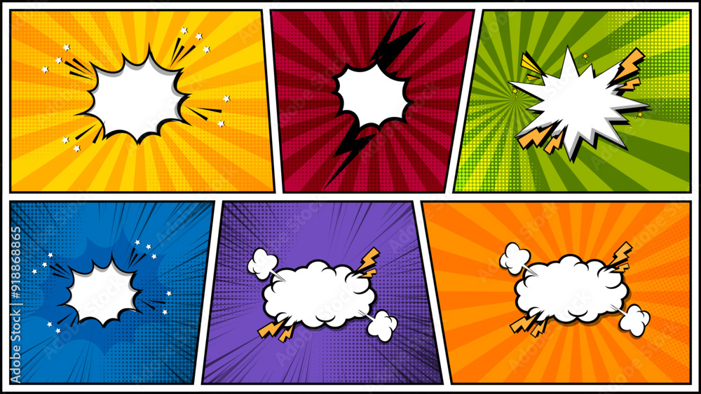 Poster set in pop art style.white empty comic speech bubbles on colorful background.