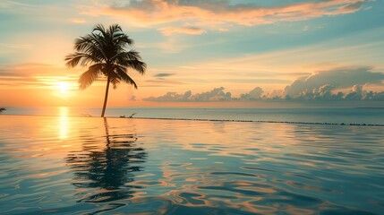 Obraz premium Luxury pool sunset palm tree silhouette with windy infinity pool water surface Summer vacation holiday template Stunning sky beachfront hotel resort at tropical landscape tranquil Amaz : Generative AI