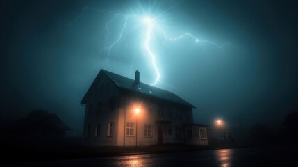 Eerie Haunted House with Lightning Strike on a Dark Stormy Night - Perfect for Halloween Themes and Spooky Atmospheres