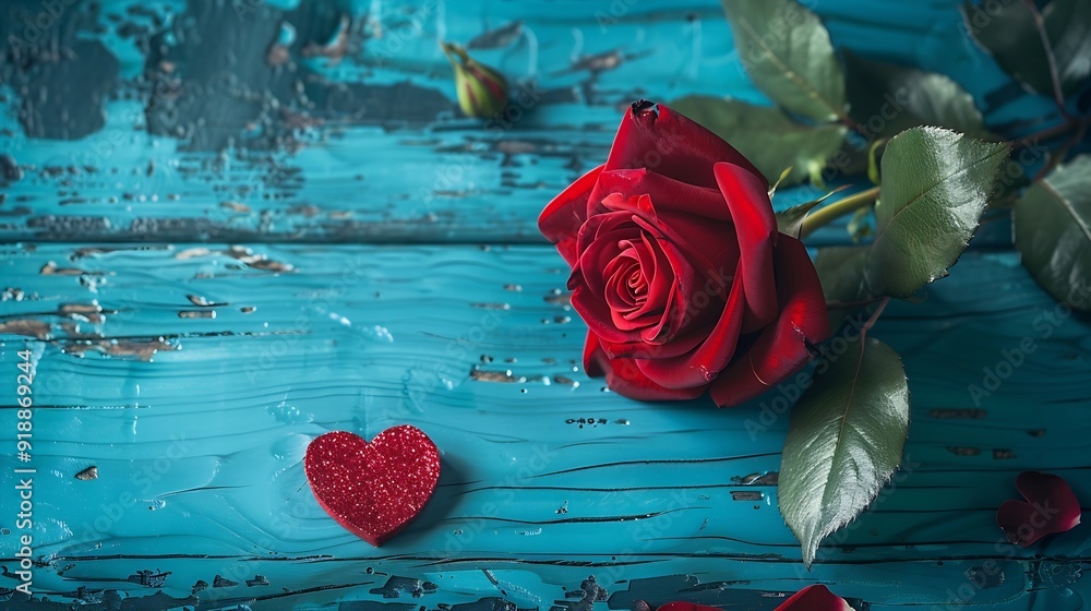 Poster valentine day composition with rose flower and red heart on table top view flat lay copy space holid