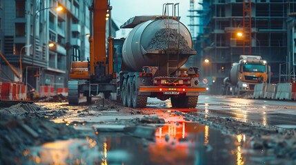 Industrial Machinery at Work as Cement Mixer Truck Heads to Construction Zone : Generative AI
