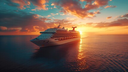 Naklejka premium Big cruise ship in the sea at sunset Beautiful seascape Luxury Cruise Ship Ocean Liner Concept for vacation and travel with a generic cruise ship : Generative AI