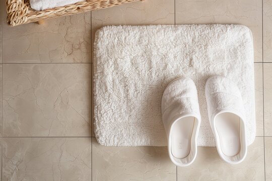 Top view of soft bath mat and slippers on the floor
