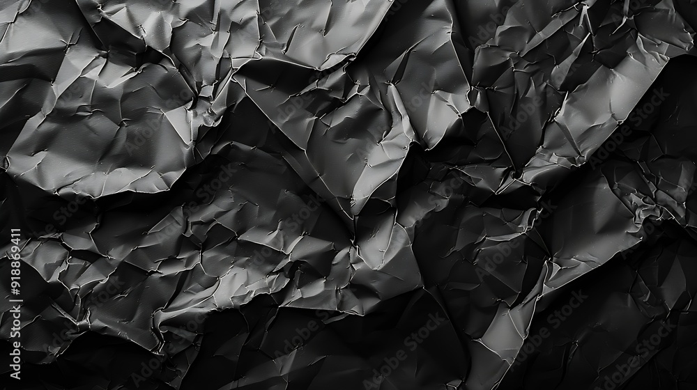 Poster Empty crumpled wet black paper blank texture copy space wall horizontal background : Generative AI