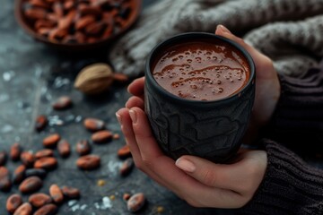 Traditional Ceremonial Cacao in black cup with cocoa beans Organic healthy chocolate drink made from beans no creamer sugar or toppings Hand