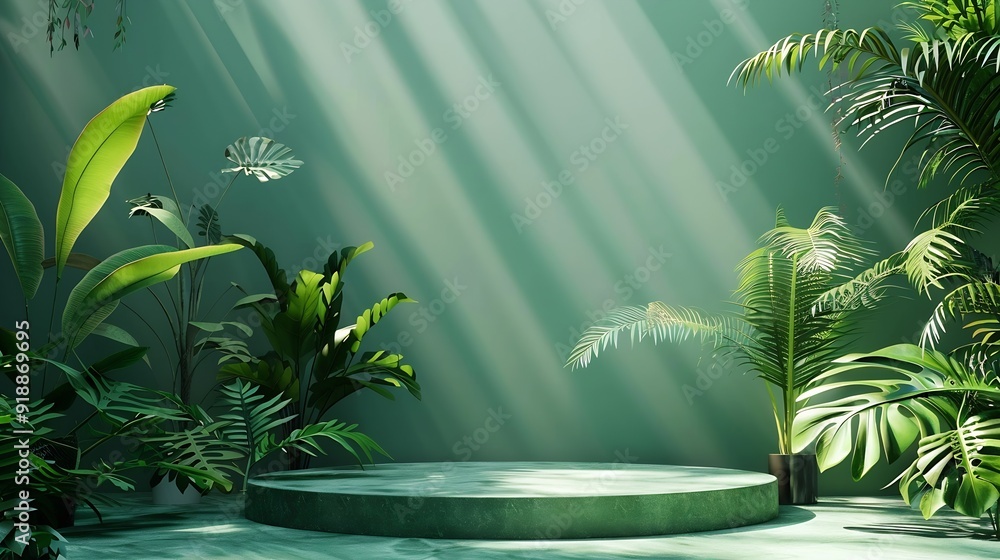 Poster Green Shadow Backdrop Background Product 3d Bg Light Leaf Wall Podium Abstract Leaves Minimal Table Presentation Summer Tropic  Loft Backdrop Platform Pastel Gradient Two Tone Studio F : Generative AI