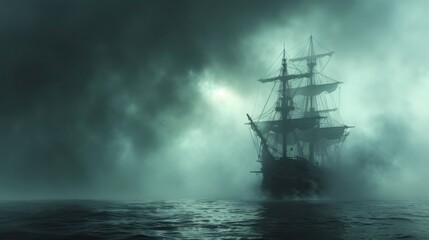 Fototapeta premium Eerie Ghost Ship Sailing Through Foggy Waters on a Spooky Halloween Night