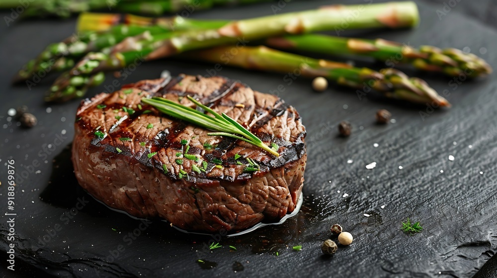 Poster Grilled Fillet Mignon Steak with roasted asparagus Black background Top view Copy space : Generative AI