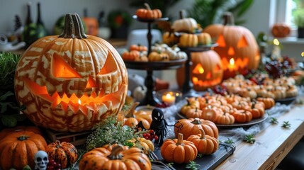 Festive Halloween Celebration with Carved Pumpkins, Decorations, and Seasonal Treats in a Cozy Indoor Setting
