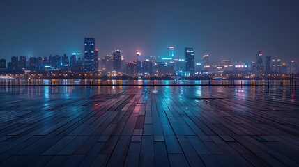 Fototapeta premium Empty square floors and city skyline with buildings in Zhoushan at night Zhejiang China : Generative AI
