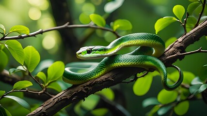 Obraz premium Calm green snake on branch in tropical forest. Chinese zodiac 
