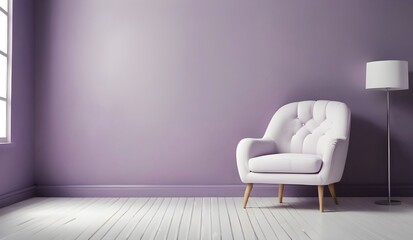 White chair and lamp in pale lavender room. Empty wall mockup. Template for artwork, painting, photo or poster	