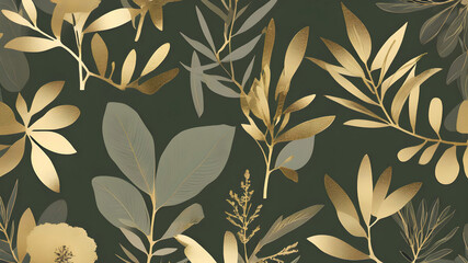 Contemporary botanical collage poster. Luxury wallpaper in olive green shades and gold	