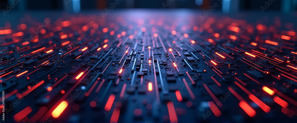 Aufkleber high-tech circuit board illustration with glowing red data streams