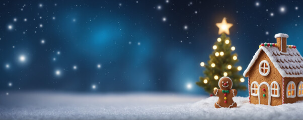 Gingerbread house with candy and icing on a blue winter background with festive lights, Christmas trees and snow. Merry Christmas or New Year concept for banner, card, invitation with copy space.