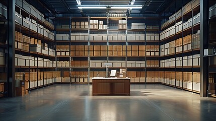 Obraz premium Empty storage room with office desk and shelves warehouse filled with boxes of retail products Order management and quality control space for stock merchandise small business : Generative AI