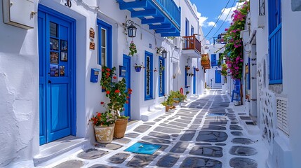 Fototapeta premium Picturesque narrow blue and white cobble street and traditional Greek houses in Mykonos Island Greece : Generative AI