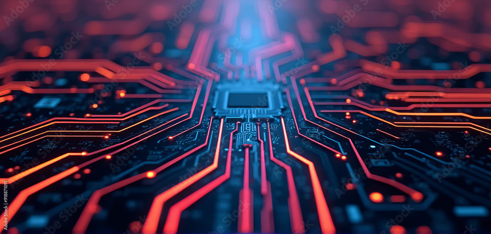 Poster detailed circuit board macro with illuminated red and blue pathways