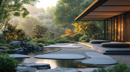 Zen garden with minimalist outdoor decor.