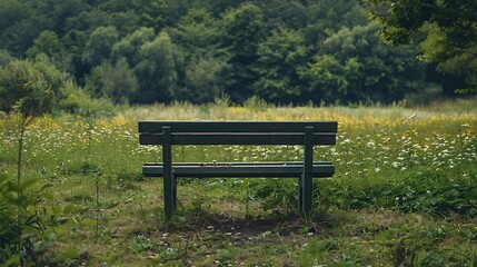 One empty park bench along the overgrown meadow : Generative AI
