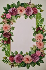 Ready to use Card. Watercolor invitation design with roses, leaves. flower and watercolor background. Floral elements, botanic watercolor illustration. Template for wedding frame