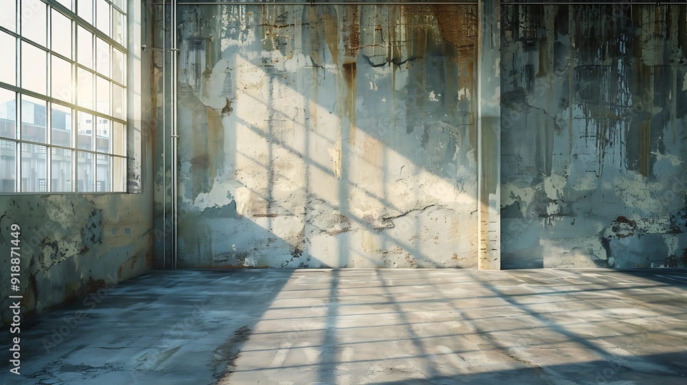 Poster empty warehouse room with grungy stucco concrete wall floor room as background corner of old grunge 