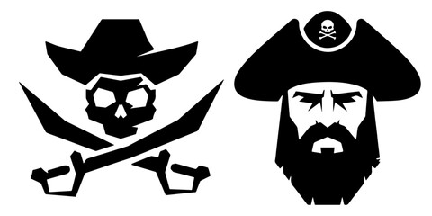 Pirate with a beard and Jolly Roger. Black silhouettes with pirate theme.
