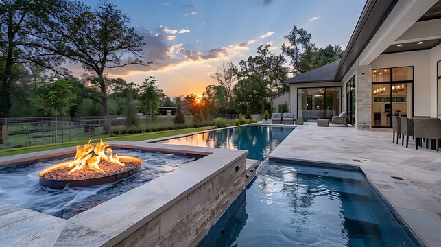 New home beautiful backyard with custom pool with fire pit : Generative AI