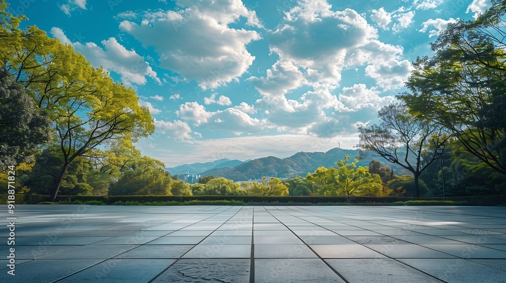 Aufkleber Empty square floor and green forest with sky clouds background Panoramic view : Generative AI