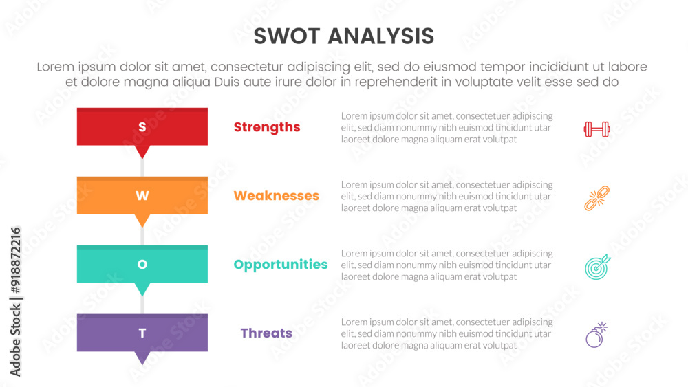 Poster swot analysis concept infographic template banner with rectangle box stack with small arrow bottom 4