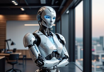 Robot AI with arms crossed, standing in a modern office interior, representing an android cyborg humanoid as a corporate worker for job applicants and service roles