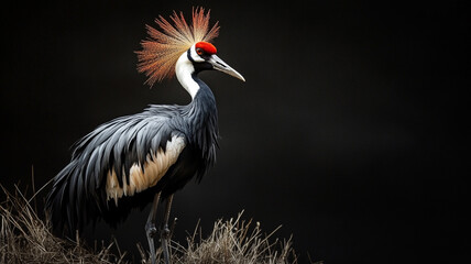 Fototapeta premium Portrait Grey crowned crane isolate on black background