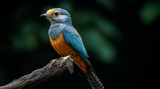 Portrait Cuckoo Roller sitting on tree branch.