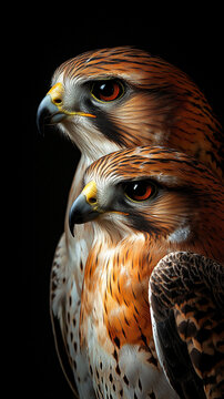 Couple Red-tailed hawk portrait isolate on black background