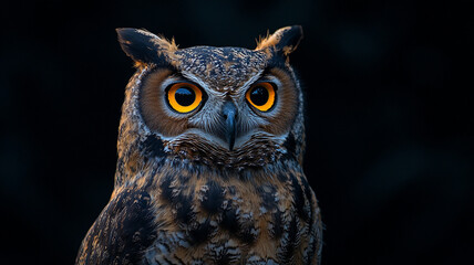 Close up of owl portrait isolated on black background