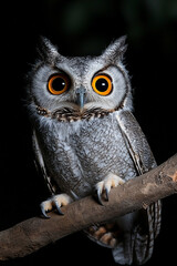 Close up of owl portrait isolated on black background